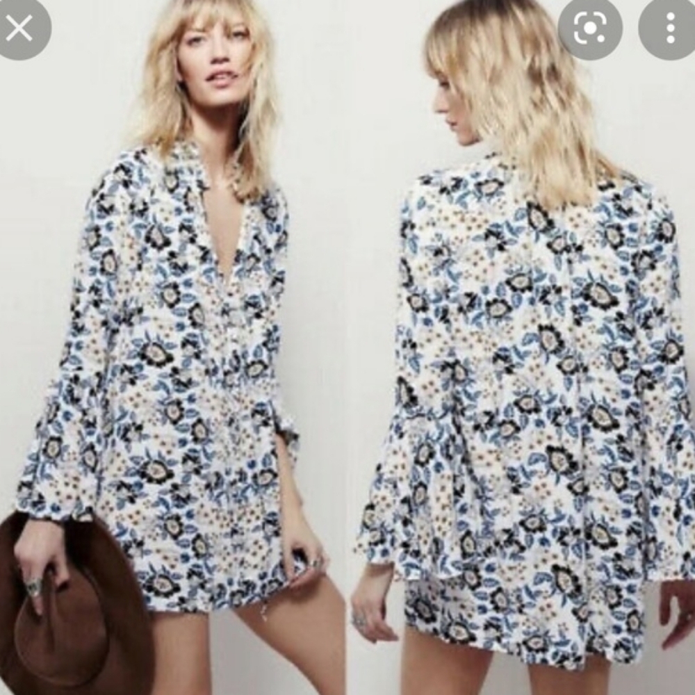 Free People Magic Mystery Floral Printed Tunic / Mini Dress in Ivory Blue Ditsy - Picture 10 of 10